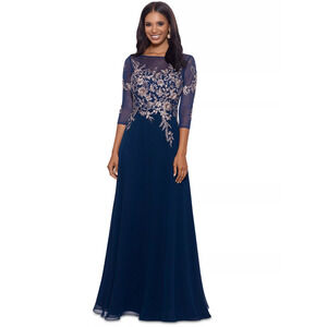 Betsy & Adam Navy Blue Rose Gold Embellished Bodice Chiffon Gown Size 4, $299